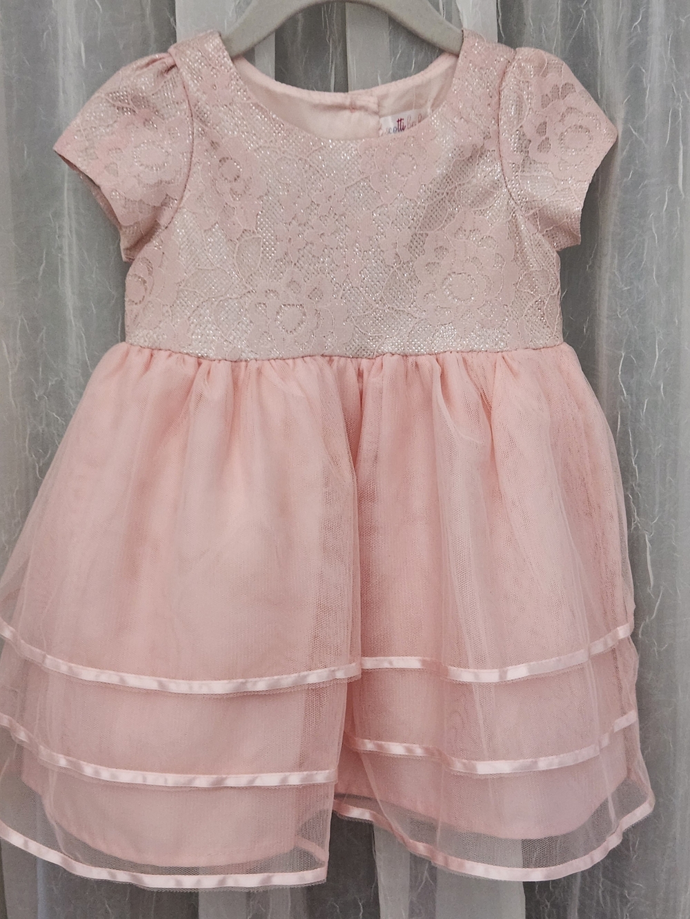 Girls' Pink Glitter Lace Bodice w/Tiered Organza Party Dress, S-12mons, EPreLC